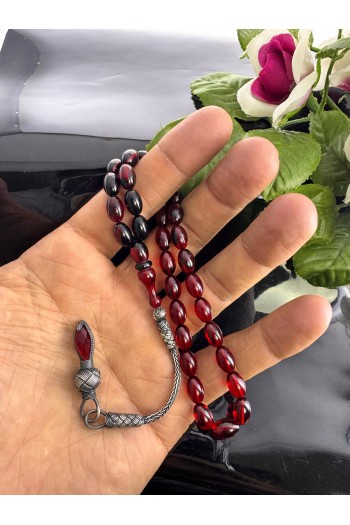 1000 Ayar Trabzon Kazaz Gümüş Püsküllü Kırmızı Siyah Hereli Bilek Boy Ateş Kehribar