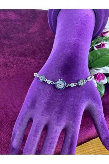 üçlü nazar boncuğu tasarımlı mavi renkli 925 ayar gümüş bileklik
