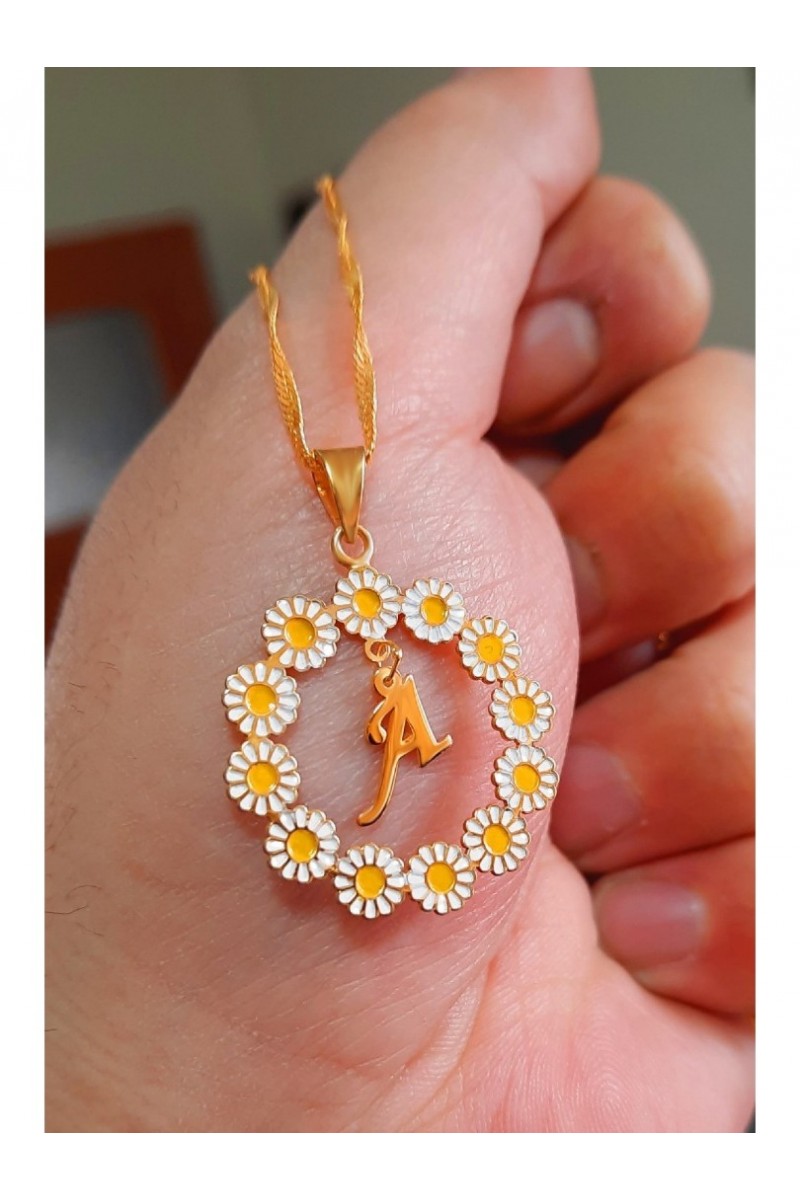 925 K Bas Letter Row Daisy Gold Plated Necklace Kg20230475