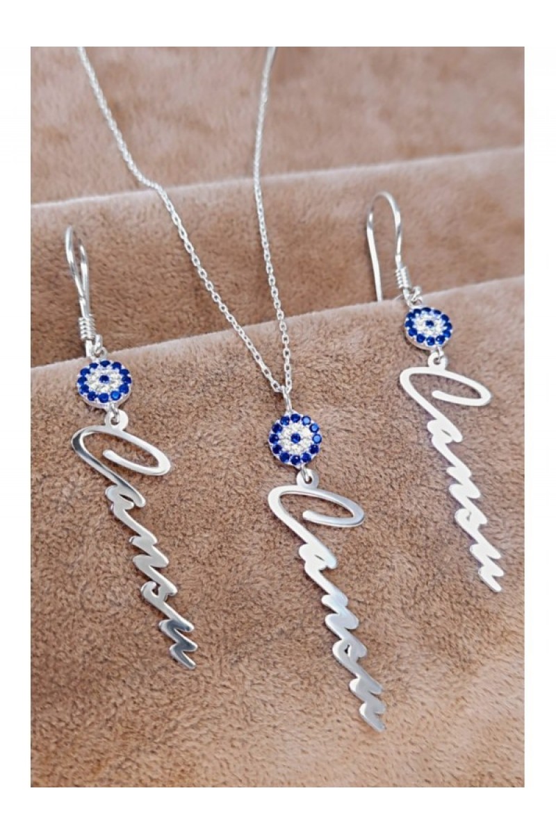 925 K Silver 2Lİ Set Evil EyeLU ISİM Necklace & Earrings Zircon Stone-set