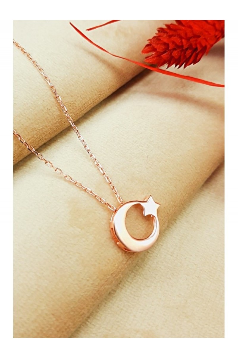 925 K Silver Zircon Stone-set Rose Plated Star and Crescent Necklace Kg20230470