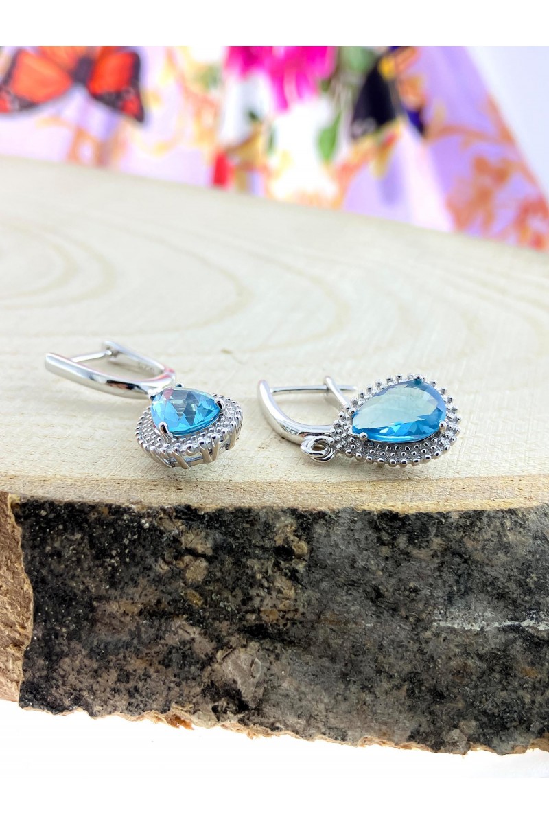 Aquamarin Stone-set Drop Zircon Silver Earrings