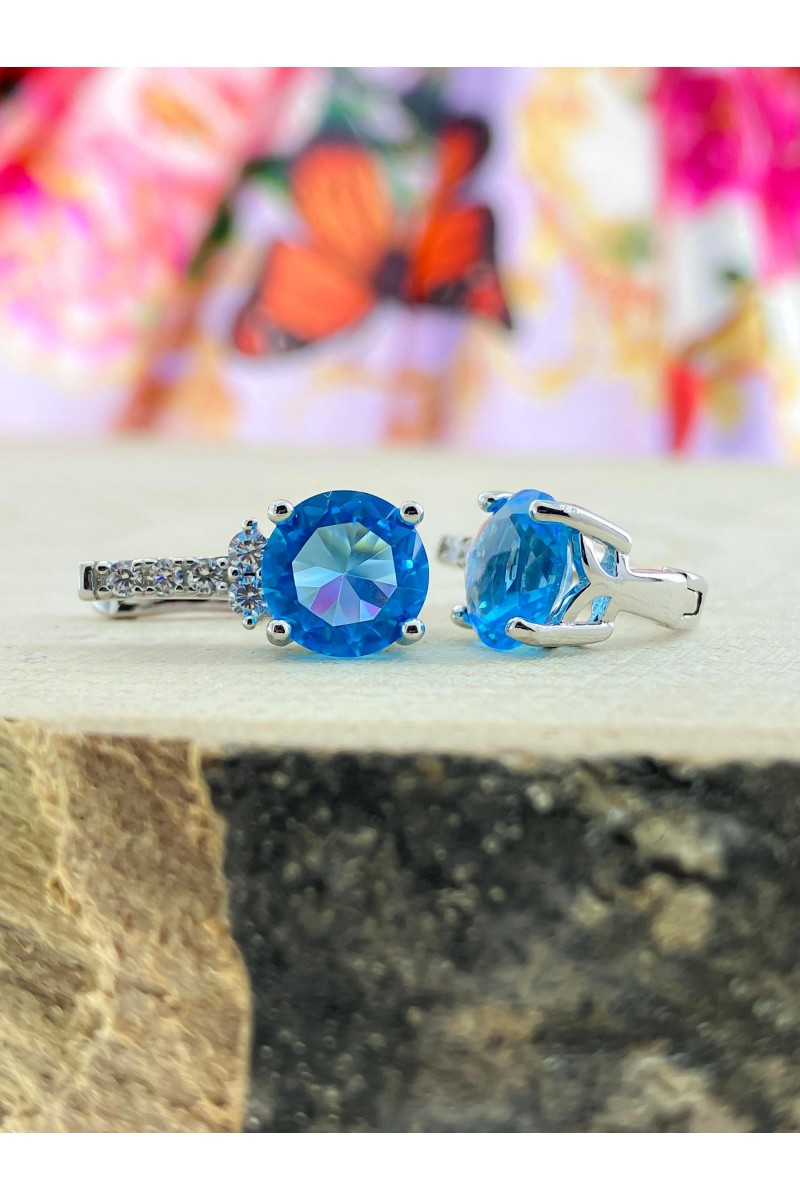 Aquamarin Stone-set Elips Zircon Silver Earrings