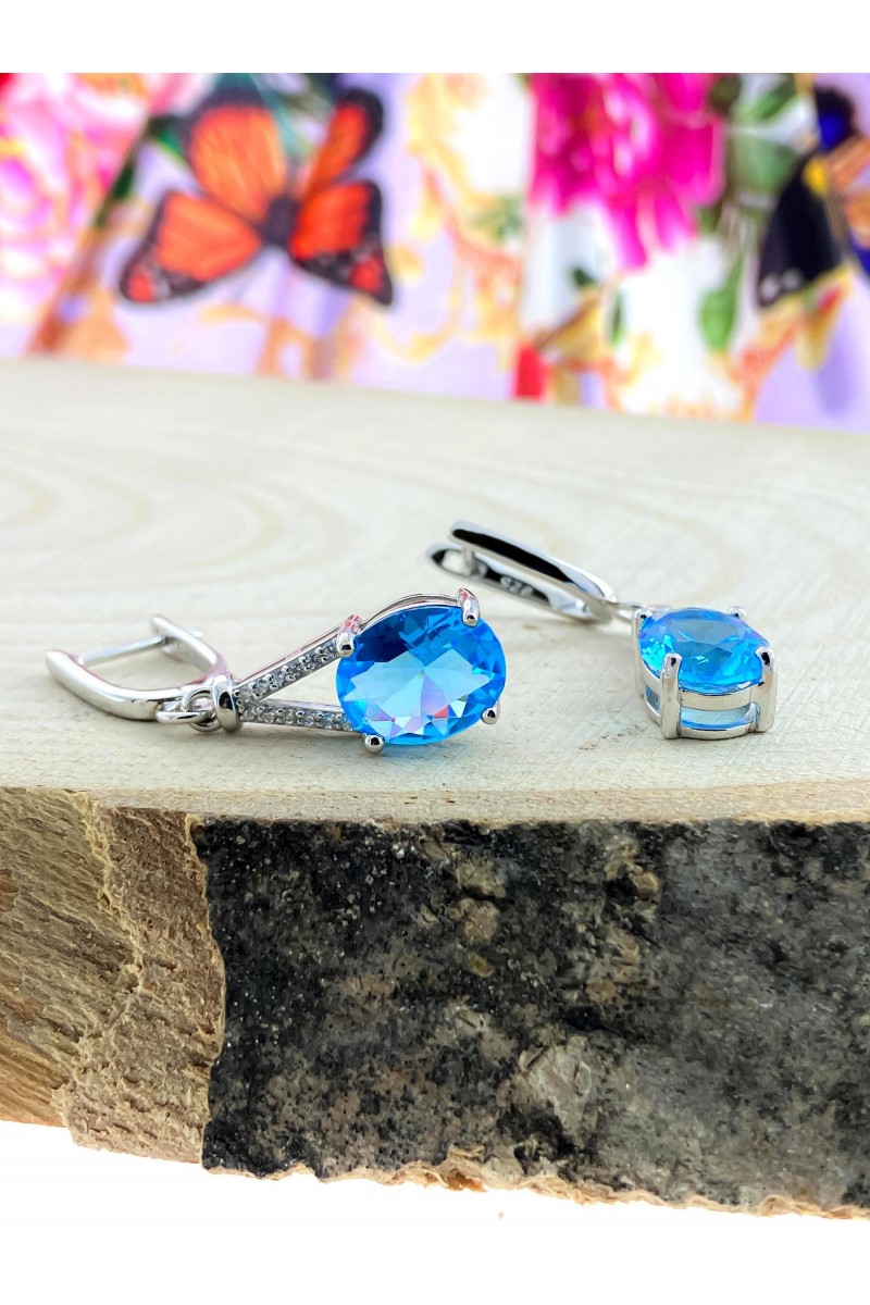 Aquamarin Stone-set Round Zircon Silver Earrings