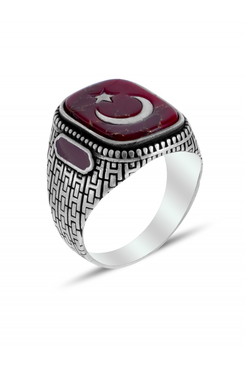 Star and Crescent Engraved Agate Stone-set Men's Silver Ring
