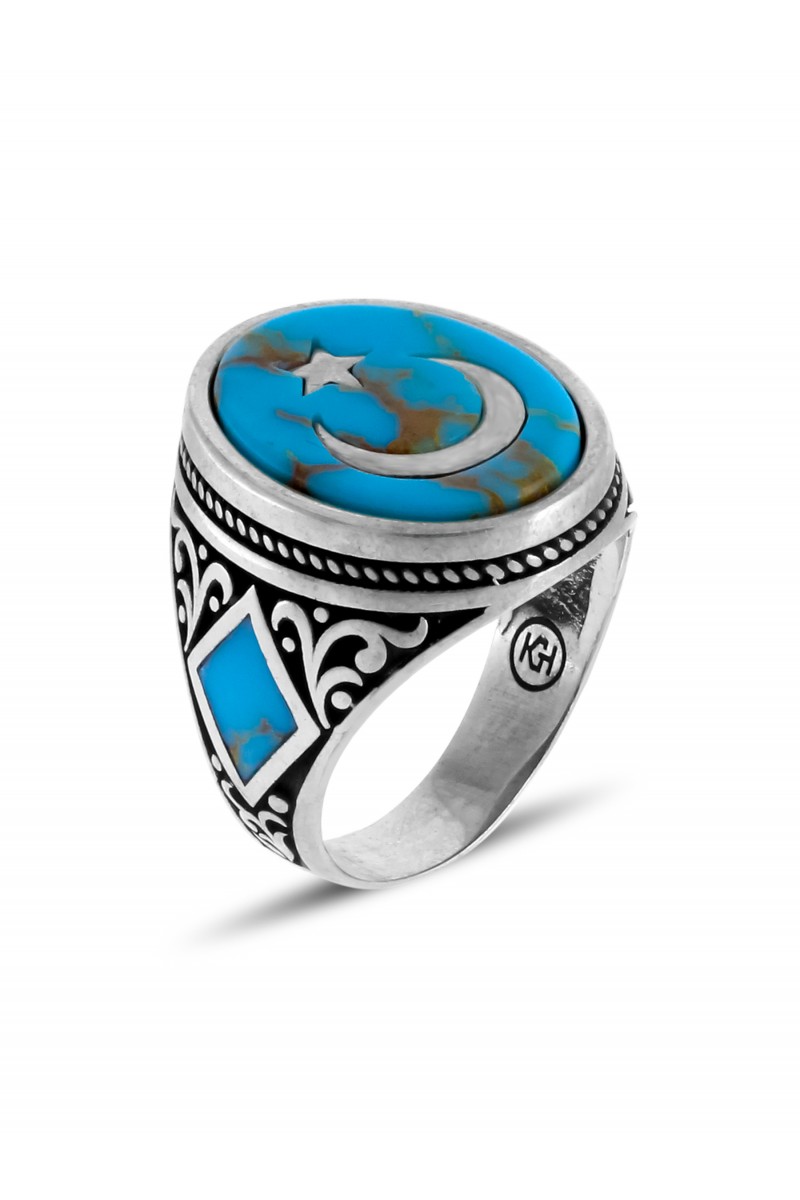 Star and Crescent Engraved Turquoise Stone-set Men's Silver Ring