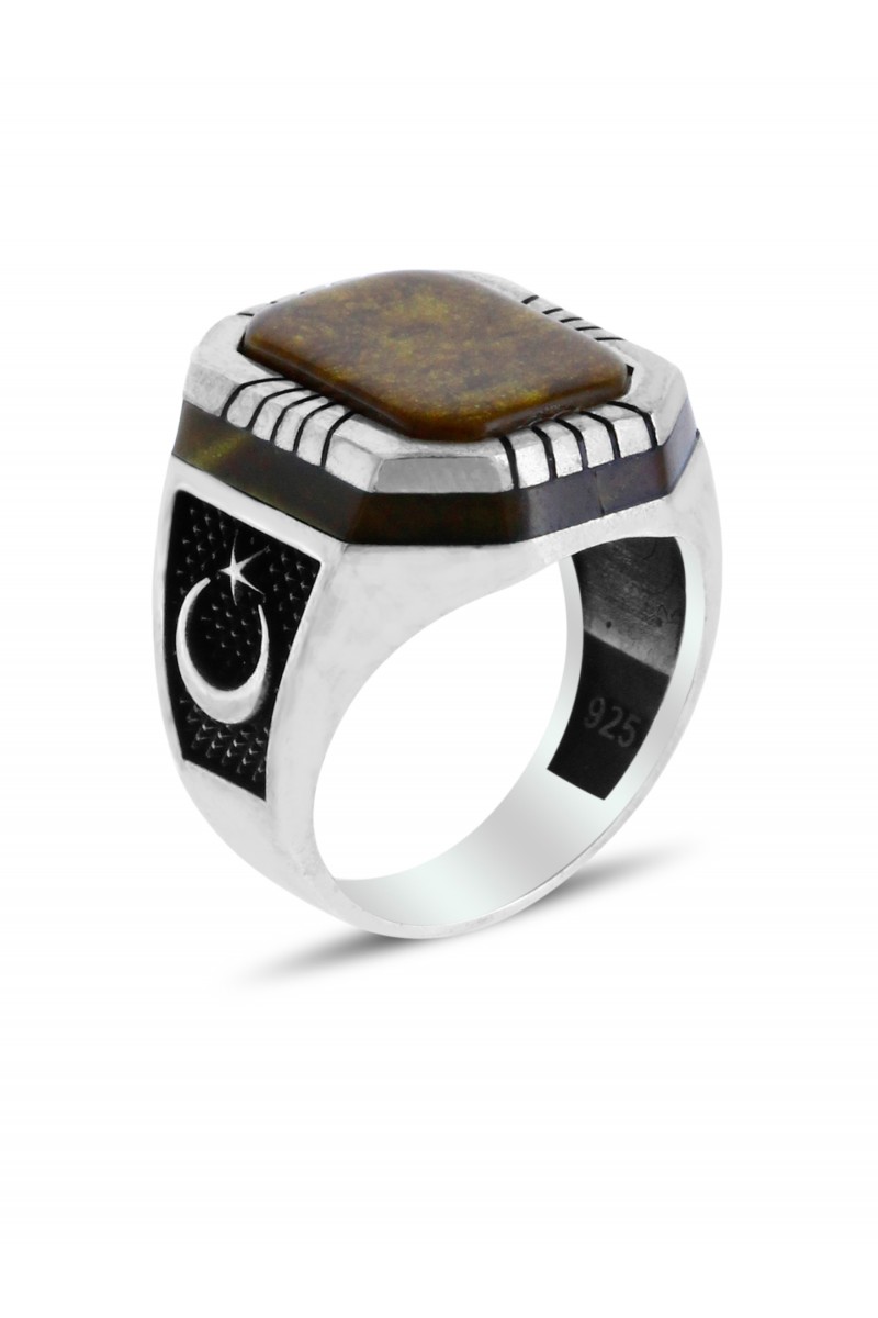 Star and Crescent Engraved Tiger's Eye Stone-set Men's Silver Ring