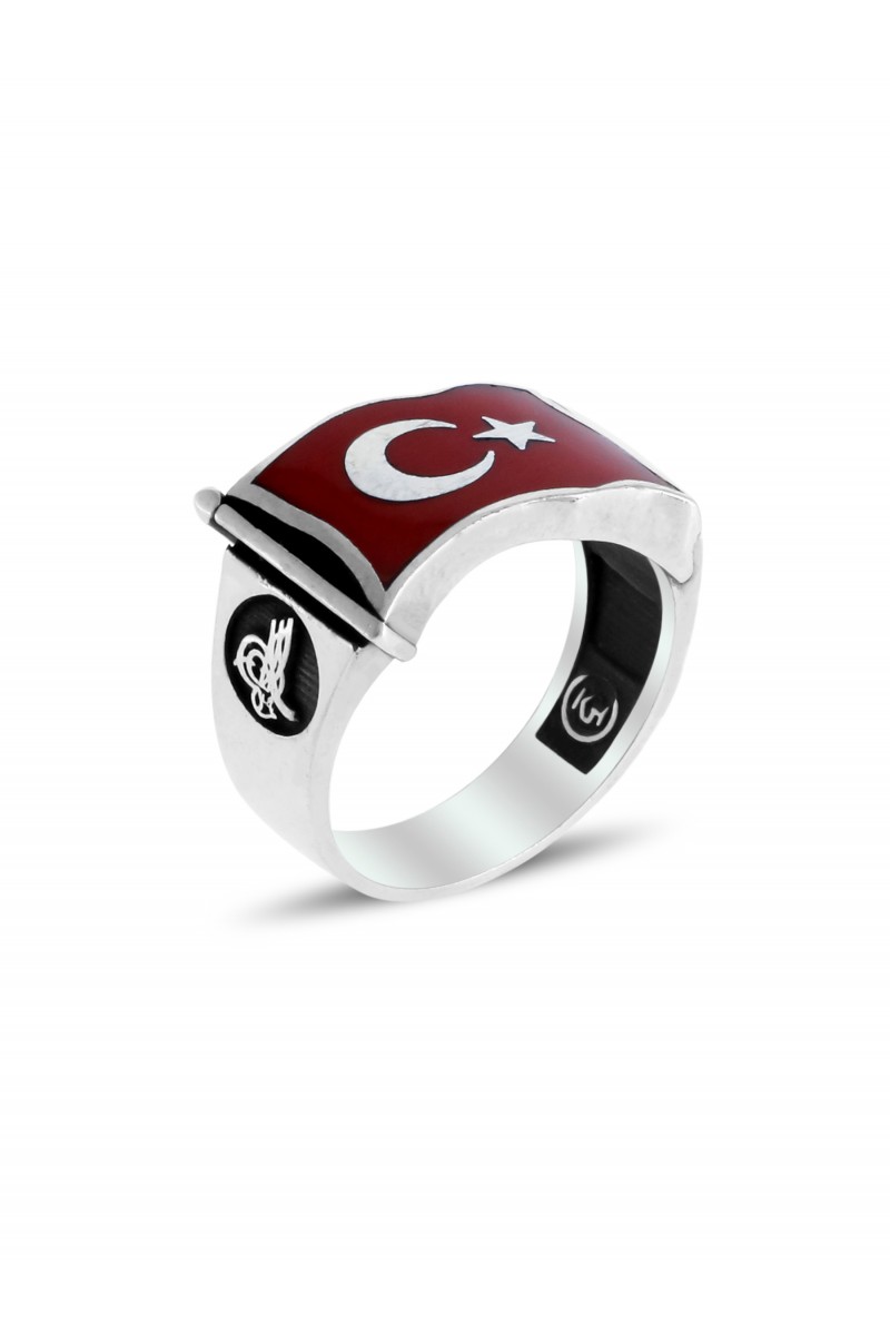 Star and Crescent Engraved Red Enamel Men's Silver Ring