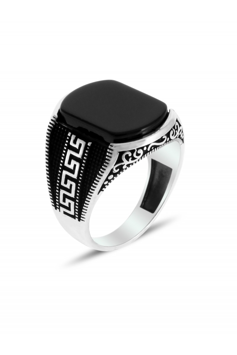 Babil Engraving Onyx Stone-set Men's Silver Ring