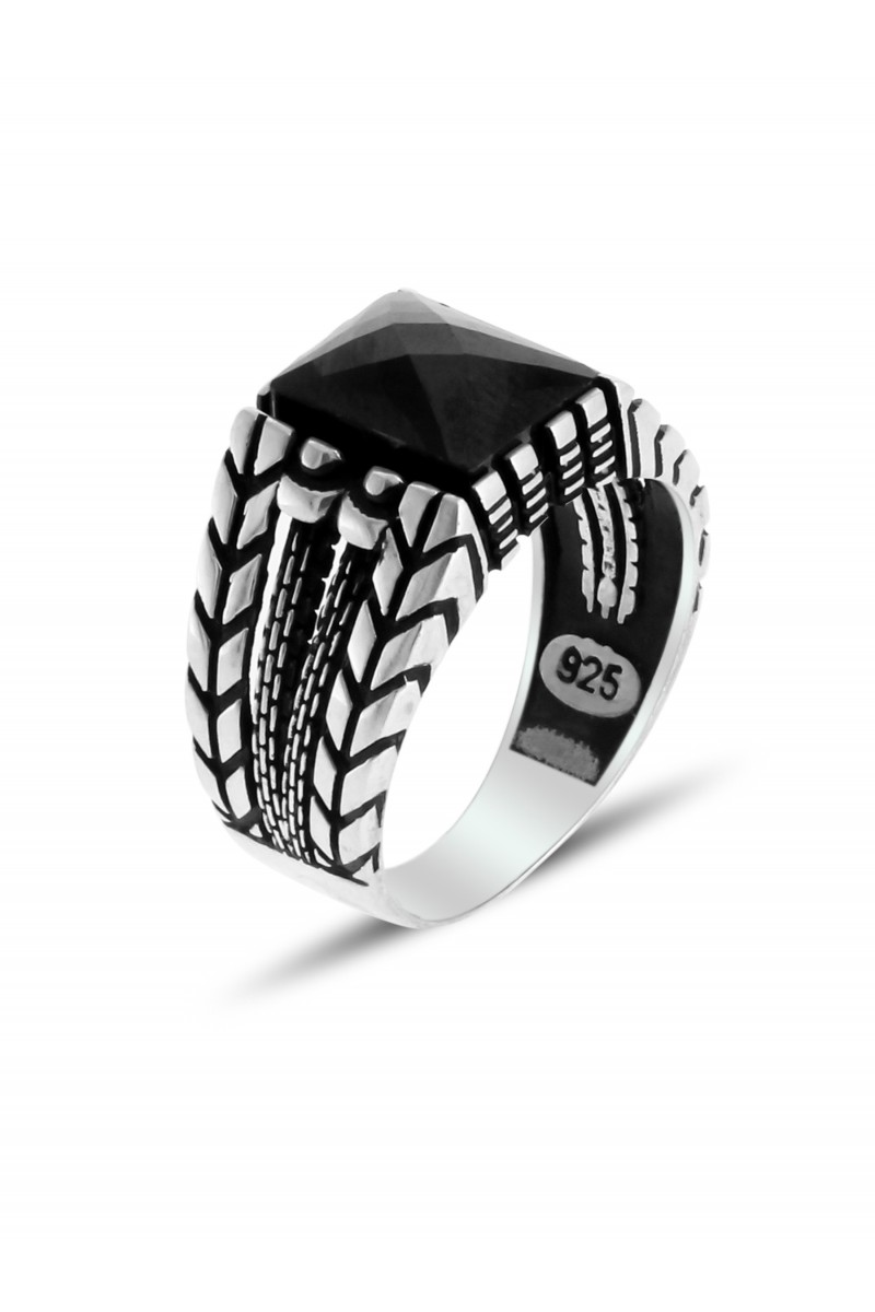 Wheat Ear Engraved Zircon Stone-set Men's Silver Ring