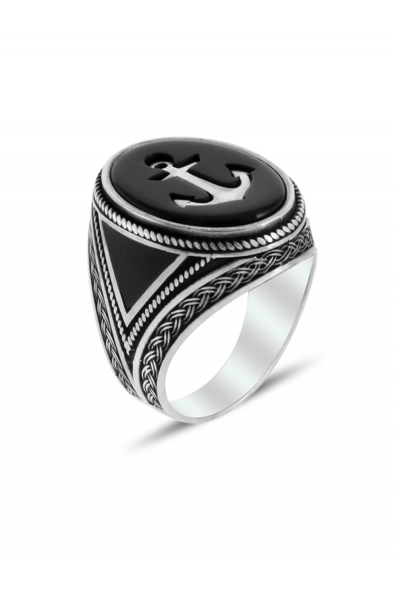 Denici Anchor Engraved Onyx Stone-set Men's Silver Ring