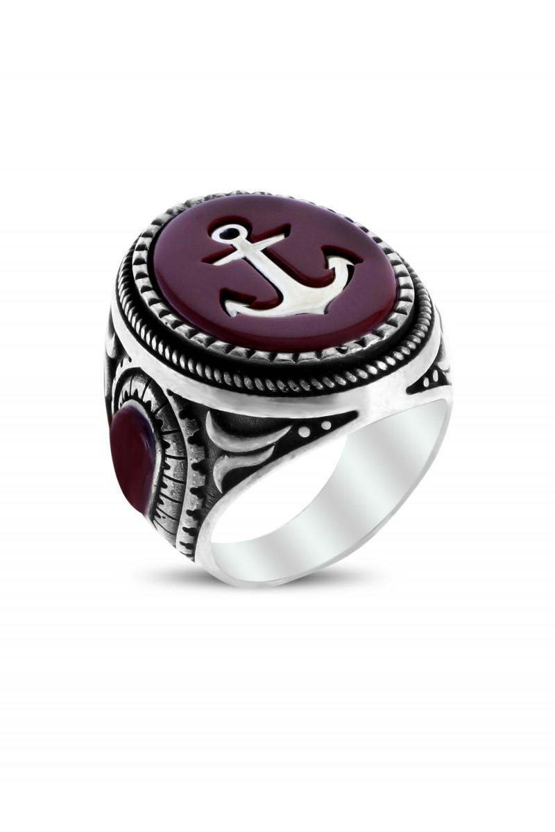 Denizci Anchor Agate Stone-set Men's Silver Ring