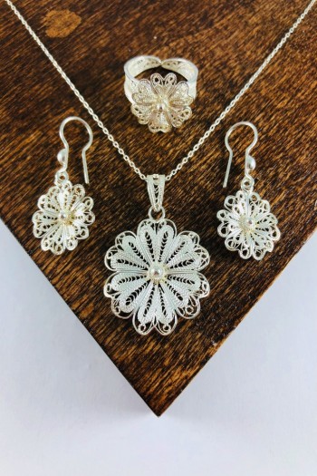  El Işi Çiçek Motifli Telkari Üçlü Set