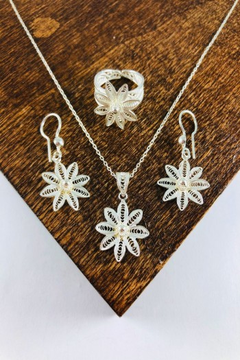  El Işi Çiçek Motifli Telkari Üçlü Set