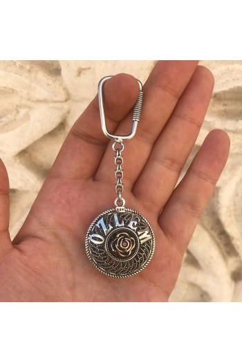 Gül Motifli İsimli Gümüş Anahtarlık