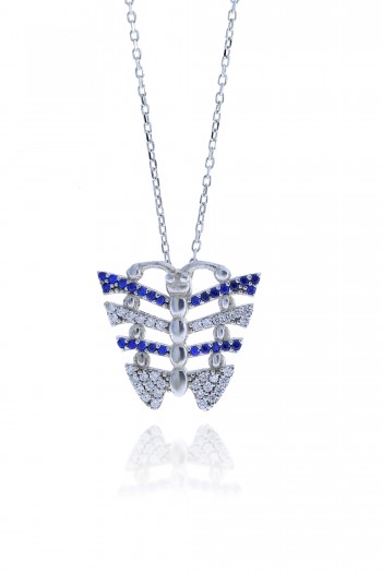 Kelebek Model Safir ve Zirkon Taşlı Gümüş Kolye