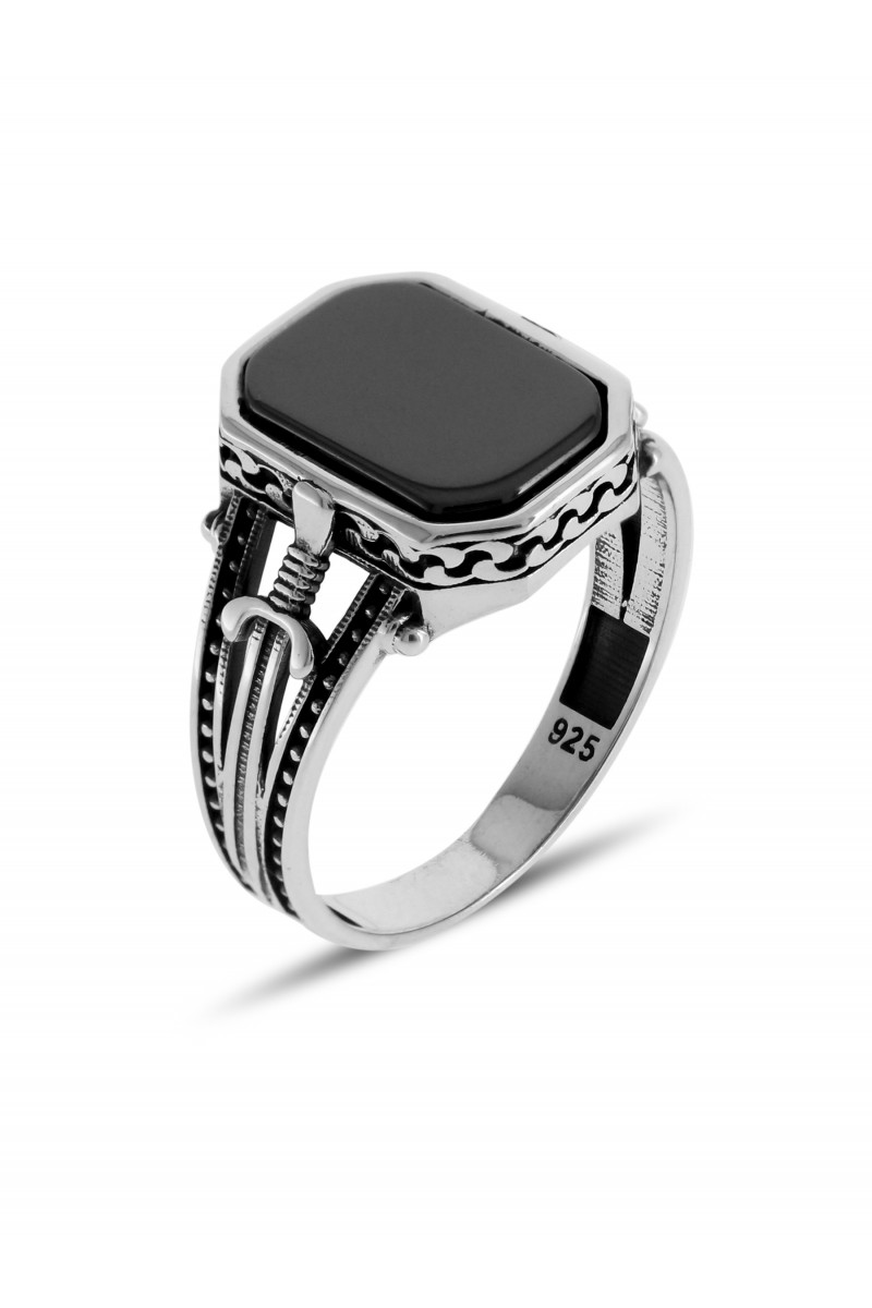 Sword Design Agate Onyx 925 K Men's Silver Ring