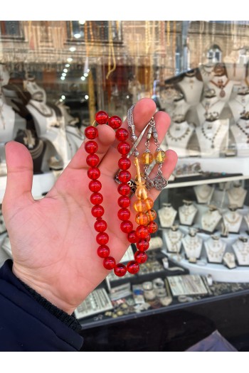 KIRMIZI SARI SÜZME TOZ KEHRİBAR TESBİH