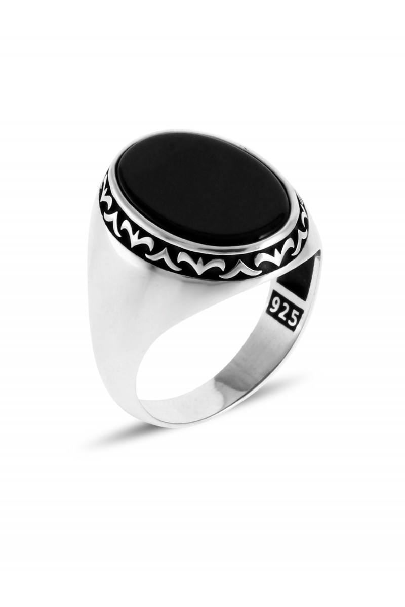 Martı Engraving Onyx Stone-set Men's Silver Ring