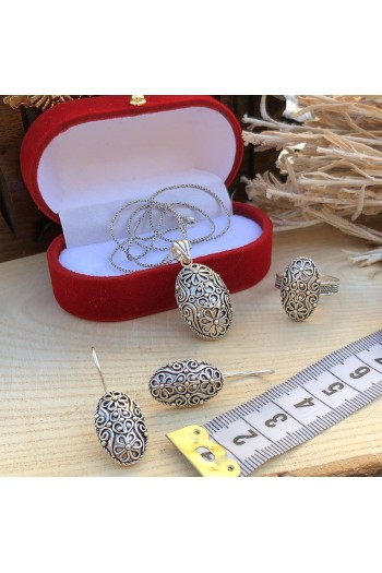 Midyat Yöresel İşleme Telkari Gümüş Üçlü Set Midyat Yöresel İşleme Telkari Gümüş Üçlü Set