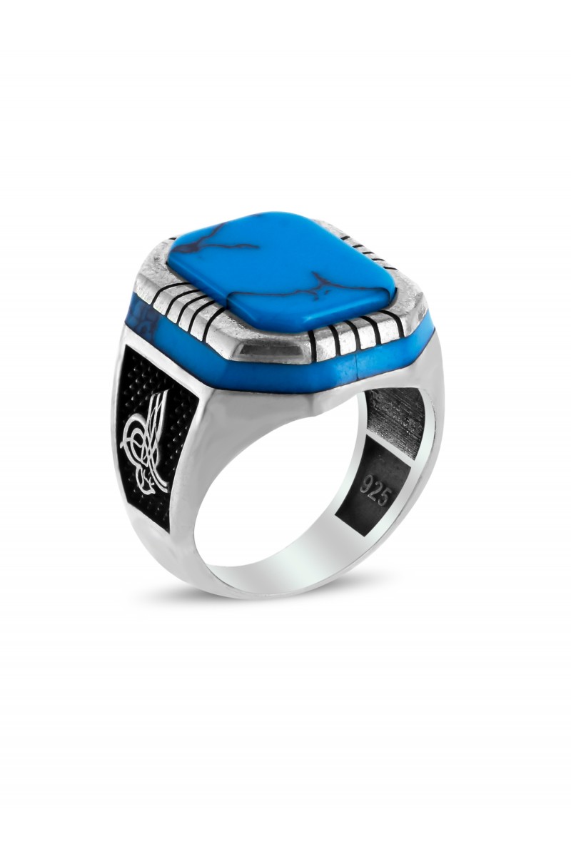 Ottoman Tughra Engraved Turquoise Stone-set Men's Silver Ring