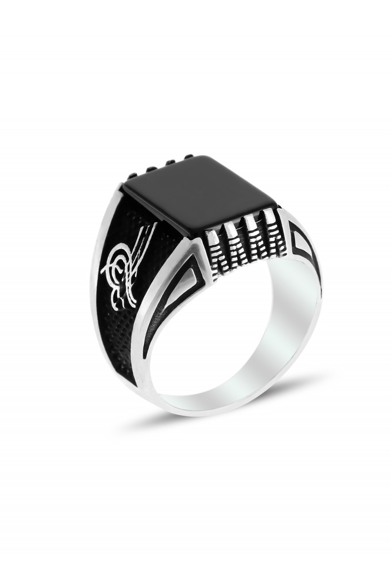 Ottoman Tughra Engraved Onyx Stone-set Men's Silver Ring