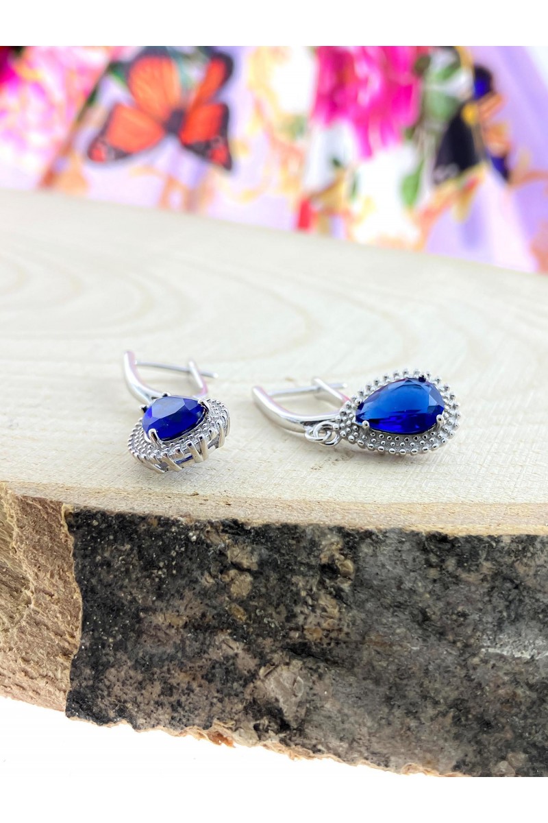 Sapphire Stone-set Drop Zircon Silver Earrings