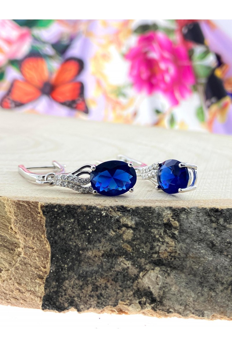 Sapphire Stone-set Dangle Zircon Silver Earrings
