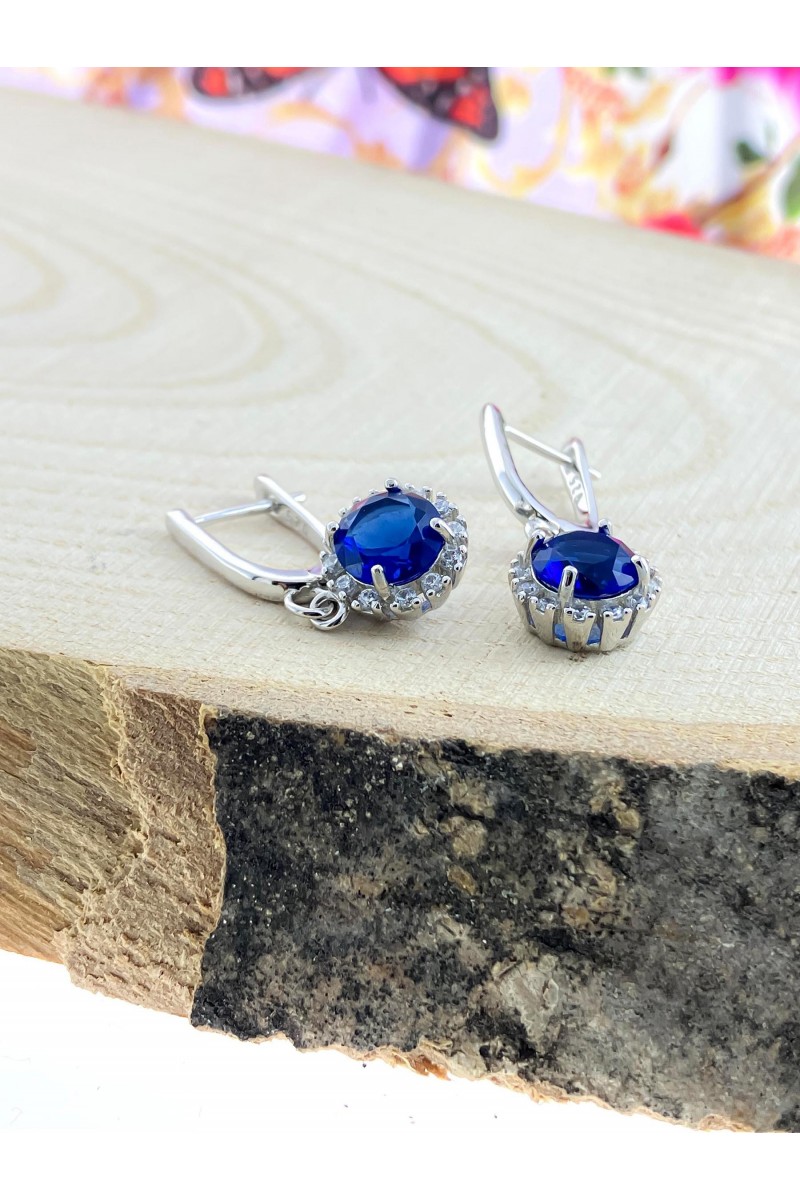 Sapphire Stone-set Round Zircon Silver Earrings