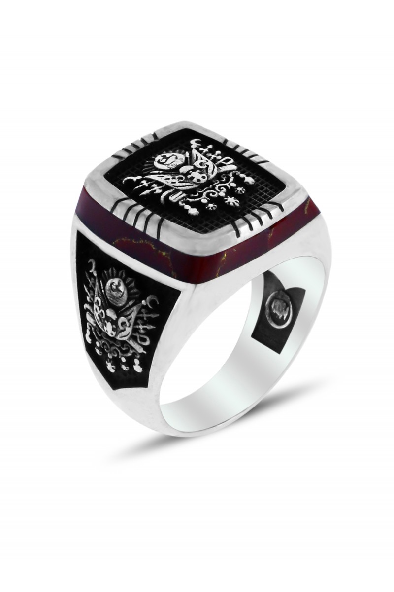 Banner Eagle Engraved Agate Stone-set Men's Silver Ring