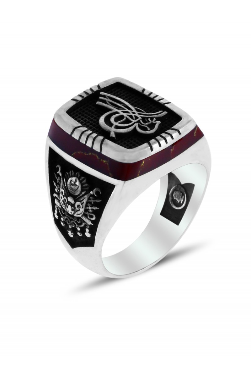 Banner Eagle Engraved Agate Stone-set Men's Silver Ring