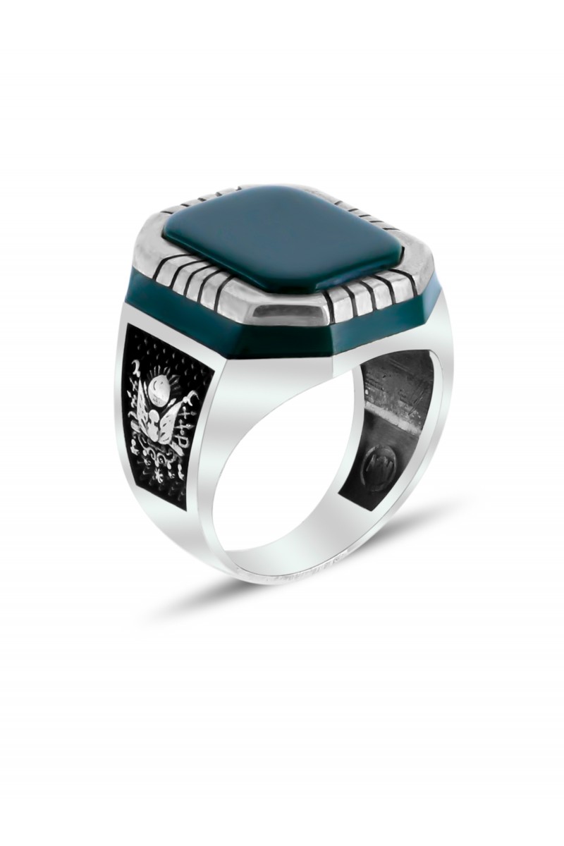 Banner Tughra Engraved Agate Stone-set Men's Silver Ring