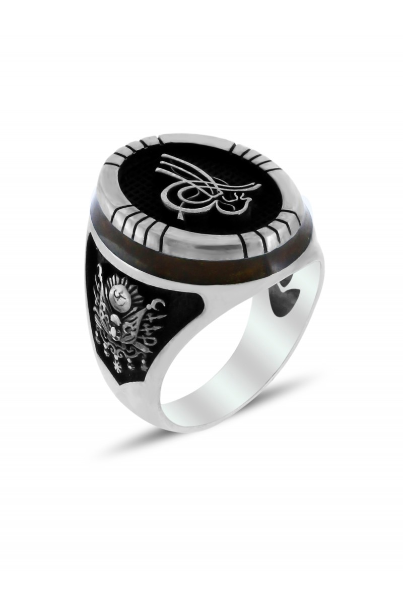 Banner & Tughra Engraved Star Stone-set Men's Silver Ring