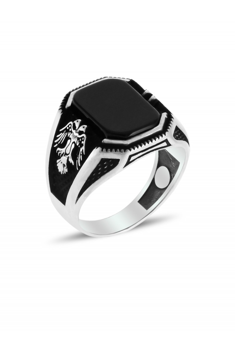 Seljuk Eagle Engraved Onyx Stone-set Men's Silver Ring