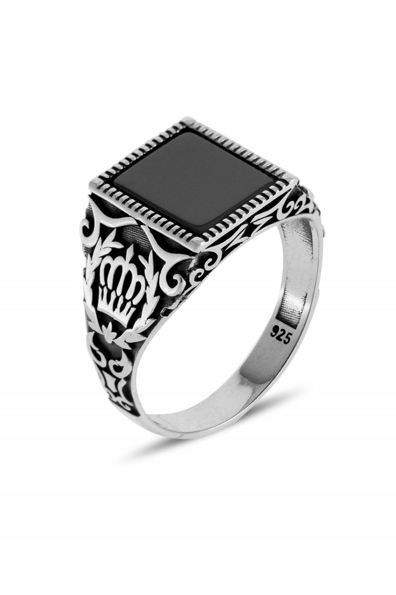 Taç Engraved Onyx Stone-set 925 K Men's Silver Ring