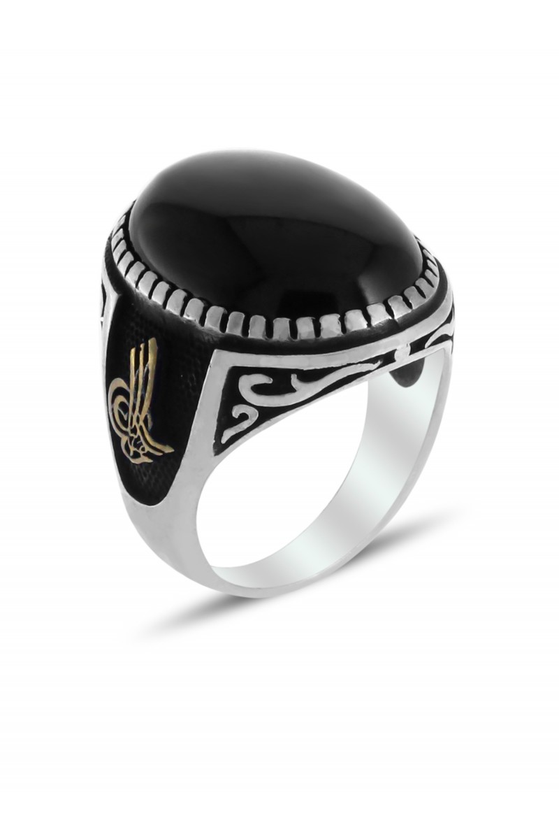 Tughra Engraving Onyx Stone-set Men's Silver Ring