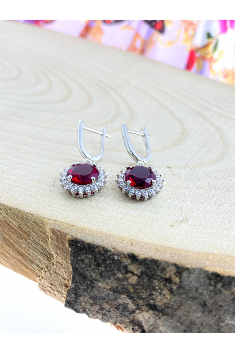 Ruby Stone-set Round Zircon Silver Earrings