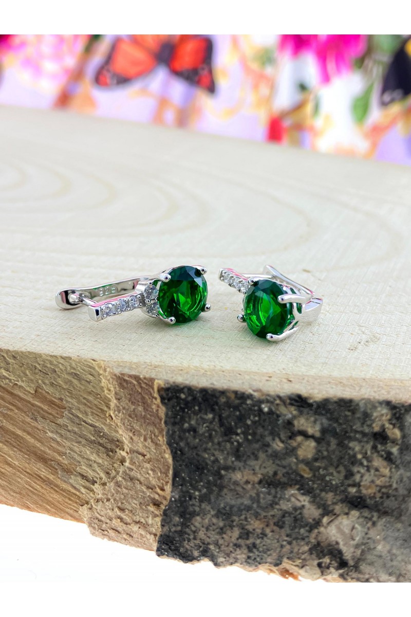 Green Emerald Stone-set elips Zircon Silver Earrings