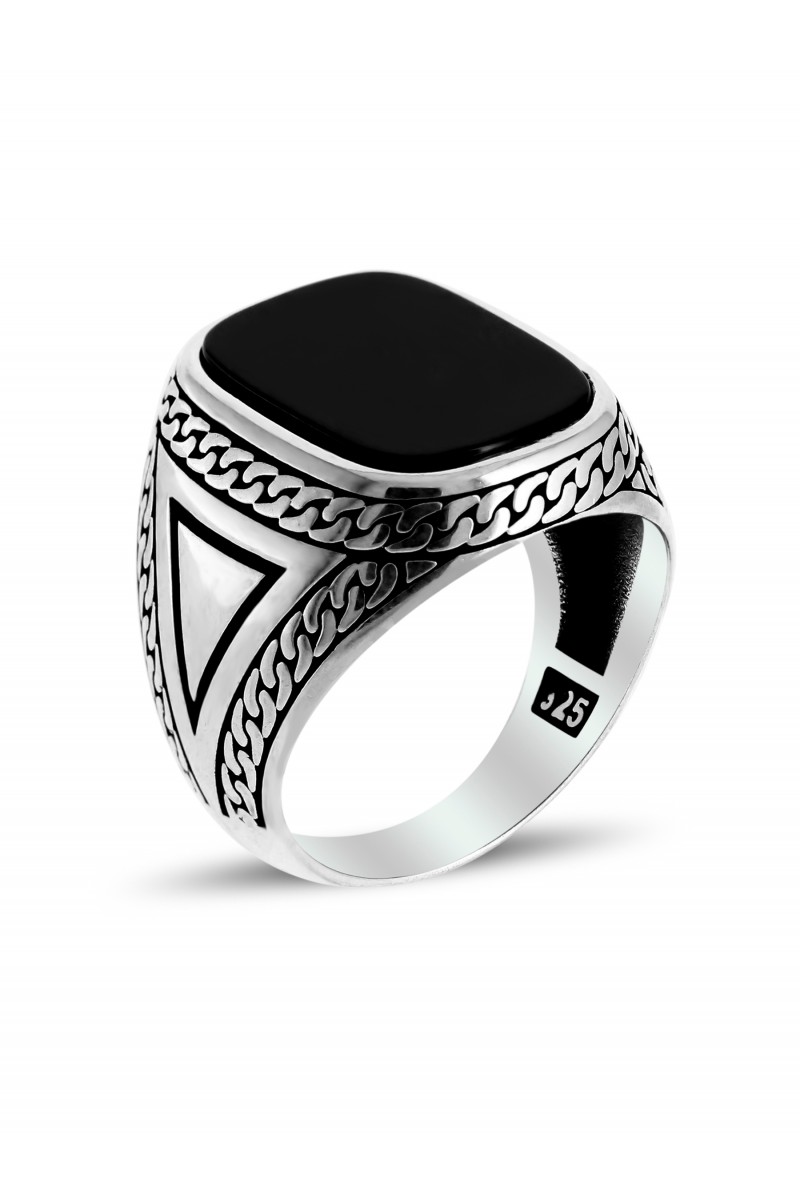 Chain Engraving Onyx Stone-set Men's Silver Ring