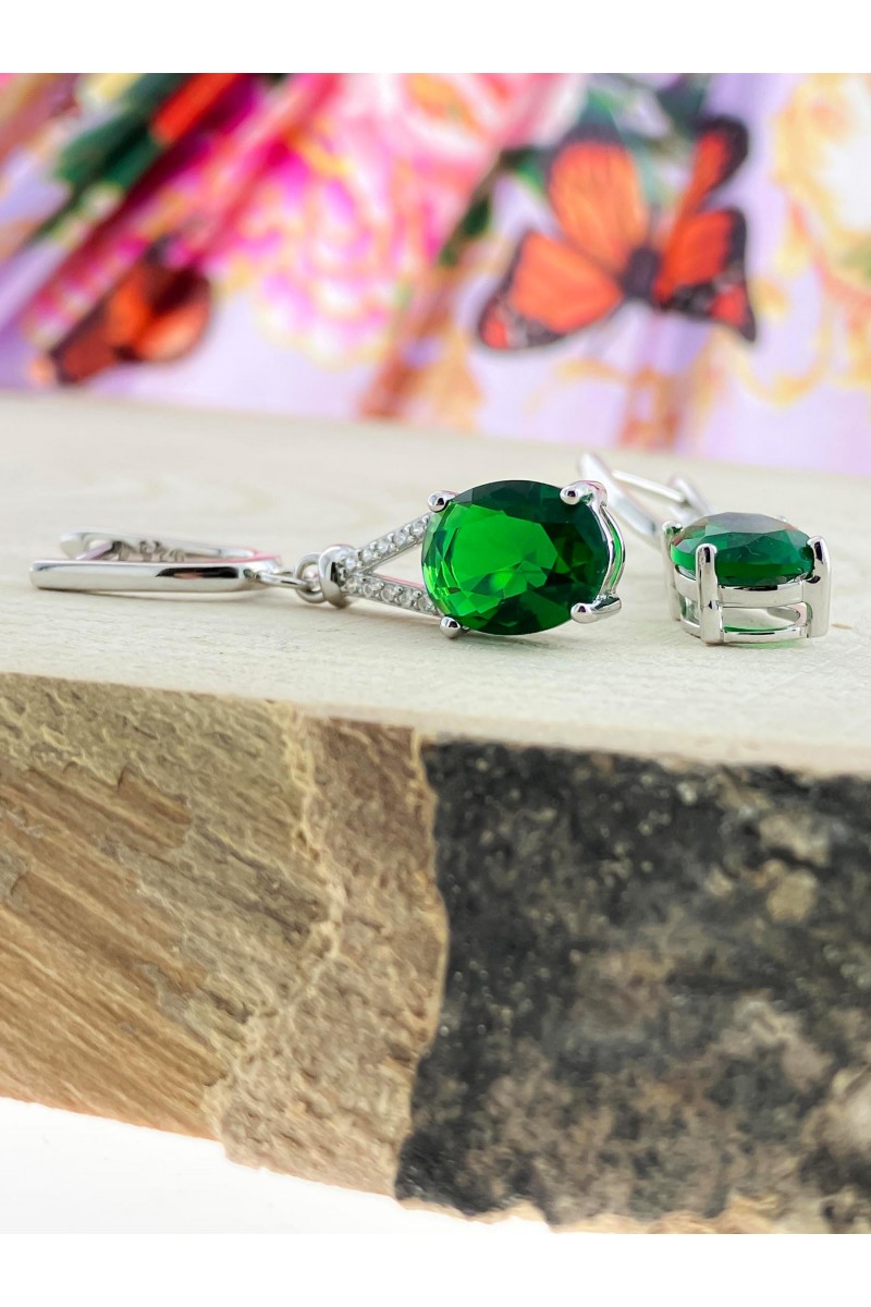 Emerald Stone-set Elips Zircon Silver Earrings