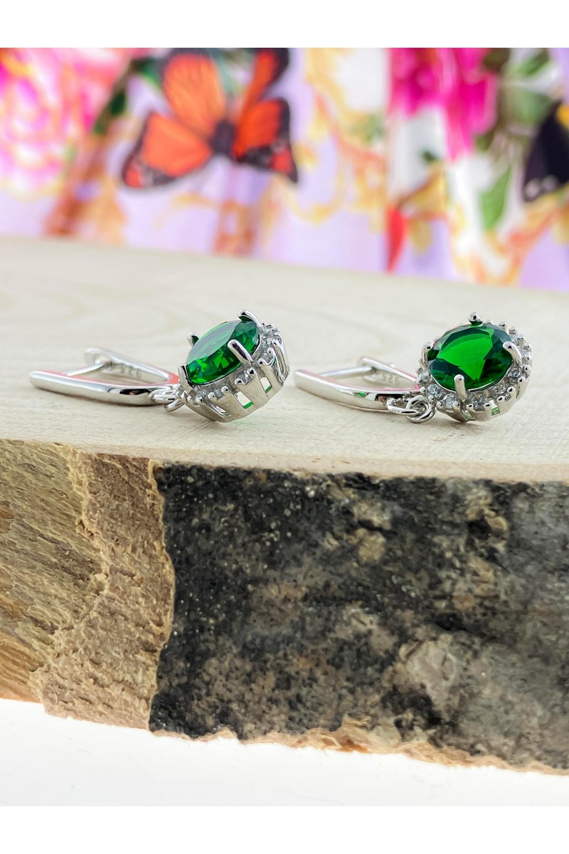 Emerald Stone-set Round Zircon Silver Earrings