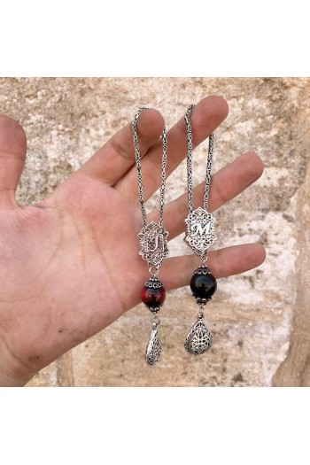 Kehribar Taşlı Harfli 925 Ayar Gümüş Anahtarlık