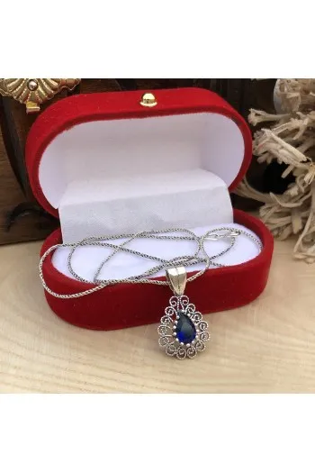 Safir Taşlı Damla Tasarım Telkari Gümüş Üçlü Set